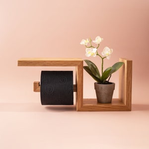 Wooden toilet paper holder with LEFT wall shelf for wc roll easy storage natural wood oak material 33x15x10 cm image 5