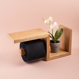 Wooden toilet paper holder with LEFT wall shelf for wc roll easy storage natural wood oak material 33x15x10 cm image 6