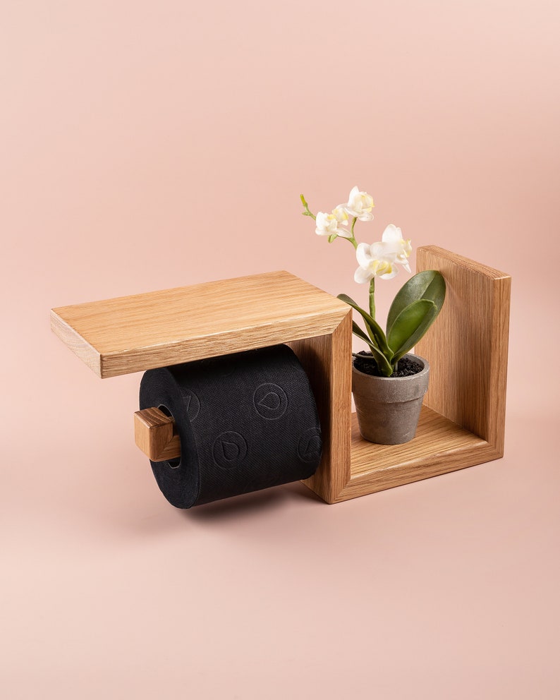 Wooden toilet paper holder with LEFT wall shelf for wc roll easy storage natural wood oak material 33x15x10 cm image 6