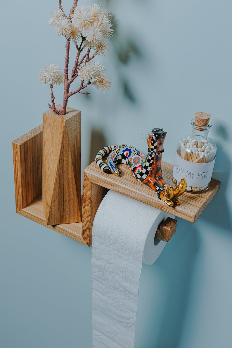 Support de papier toilette en bois avec étagère murale DROITE pour rouleau de wc facile à ranger en bois naturel matériau chêne 33x15x10 cm Actif image 4