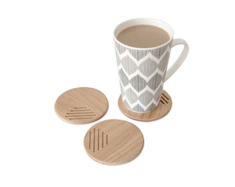 Natural wood material oak glass and cup coasters perfect gift 9x9x0,5 cm | round