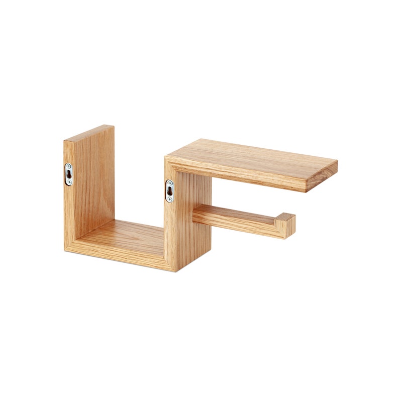 Wooden toilet paper holder with LEFT wall shelf for wc roll easy storage natural wood oak material 33x15x10 cm image 7