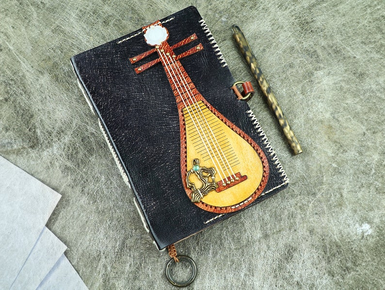 Personalized Lute Music Genuine Leather A6 Journal /Pipa, Chinese Lute / Gift For Music Lovers image 1