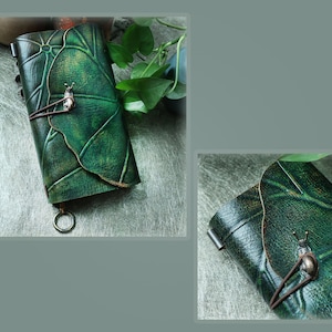 Snail crawling on lotus leaf Genuine Leather Green Journal / Personalized Vegetable tanned Cowhide Notebook / Unique Gifts