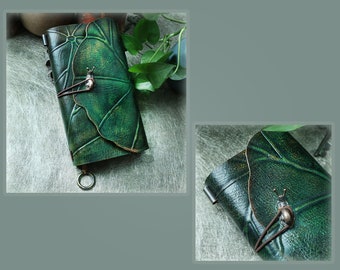 Snail crawling on lotus leaf Genuine Leather Green Journal / Personalized Vegetable tanned Cowhide Notebook / Unique Gifts