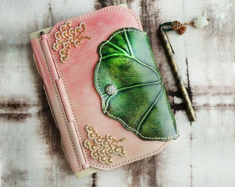 Vintage Style Genuine Leather Lotus Leaf Journal / Refillable Green Leather Noteboook,Hand Stitched