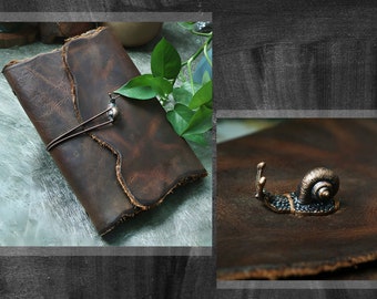 Snail Crawling On Withered Bark Genuine Leather Journal / Vintage Personalized Refillable Loose-leaf Notebook / Unique gift for parents