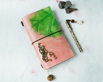 Personalized Refillable Pink  Lotus Leaf Journal / Genuine Leather Green Travel Journal / Unique gift for writer