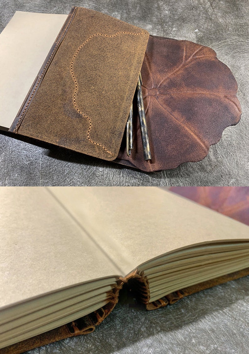 Journal personnalisé feuille de lotus en cuir/carnet rétro en cuir de vachette tanné végétal image 8