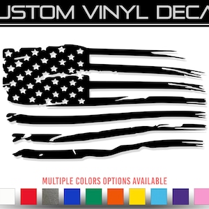May include: A distressed American flag vinyl decal with a black and white color scheme. The decal is available in multiple colors. CUSTOM VINYL DECAL is written at the top of the image.