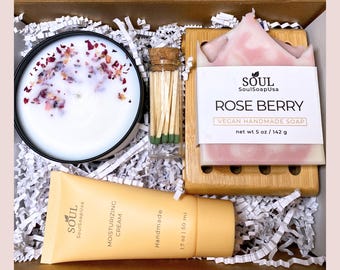 Vegan Self Care Set: Rose Berry Candle, Soap, Lotion (Mother's Day Gift)