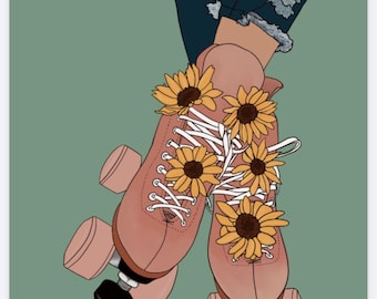 Retro Roller Skate Print | Pink Skates with Sunflowers