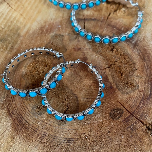 Western Turquoise Stone Hoop Earrings, burnished silver, southern style, gifts for her, rodeo, cowgirl accessories, southwestern, boho vibe