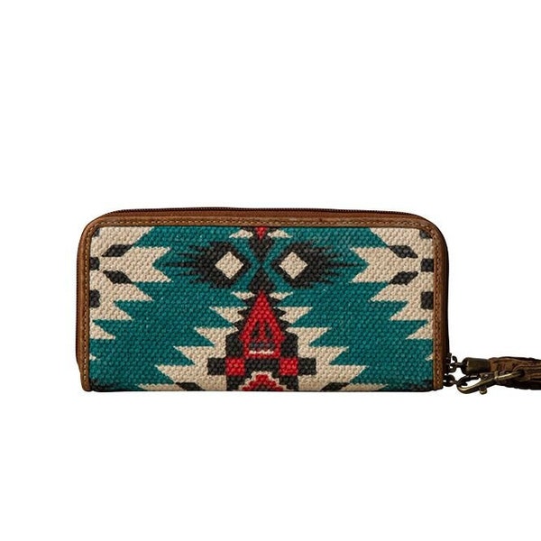 Southwestern Style Clutch, western wallet, Navajo print, turquoise, genuine leather, gifts for her, rodeo accessories, recycled canvas