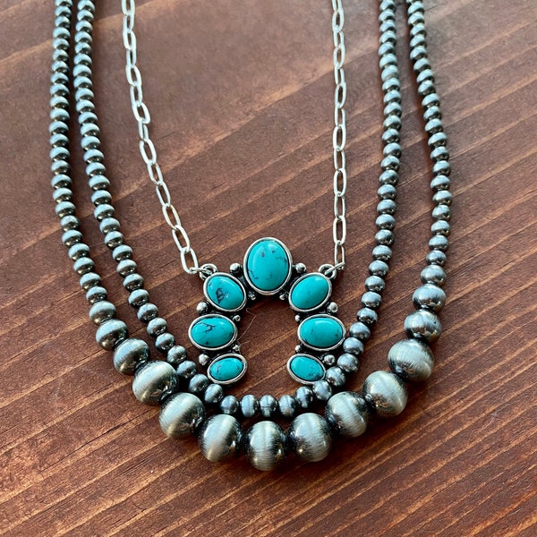 Three Row Navajo Style Necklace with Squash Blossom Pendant, Faux Pearl jewelry, Turquoise, Christmas gifts, Western Layered necklace, rodeo