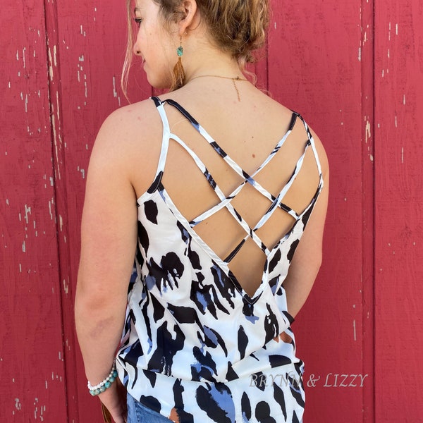 Leopard print Criss Cross Open Back, camisole, Tank top, Strappy Back Tank Top, Boho top, leopard print top, criss cross tank top, western