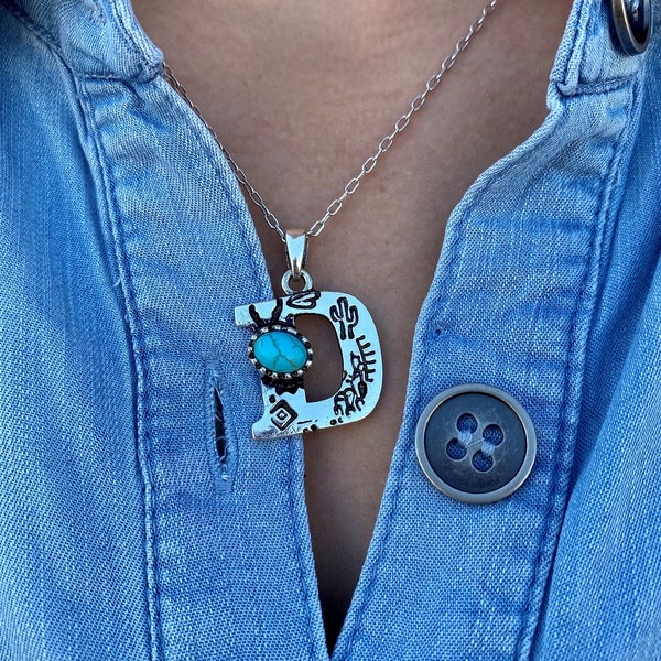 Western Initial Pendant Necklace set, turquoise hook earrings, southwestern style, aztec print, monogram, rodeo, cute cowgirl accessories