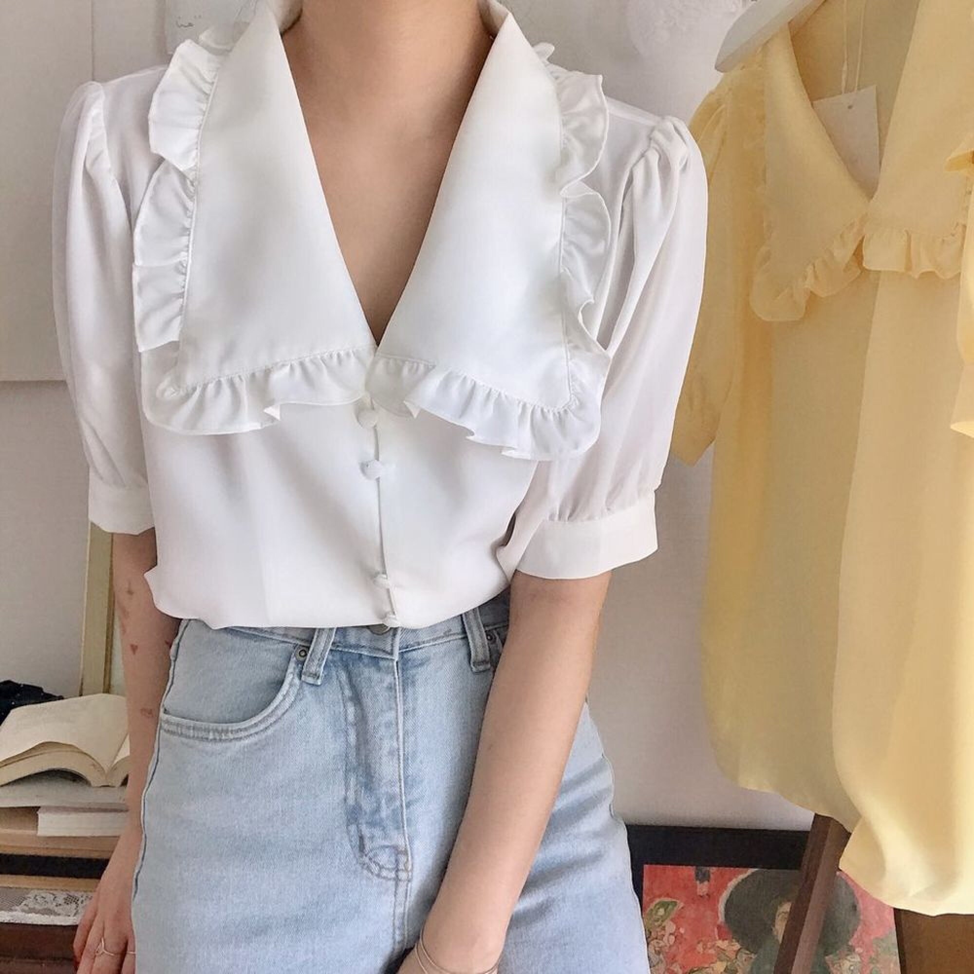 White Short Sleeve Blouse with Peter Pan Collar Ruffled Shirt | Etsy