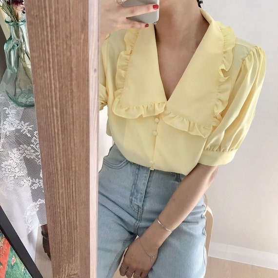 Vintage Yellow Blouse With Peter Pan Collar Ruffled Shirt Tops | Etsy