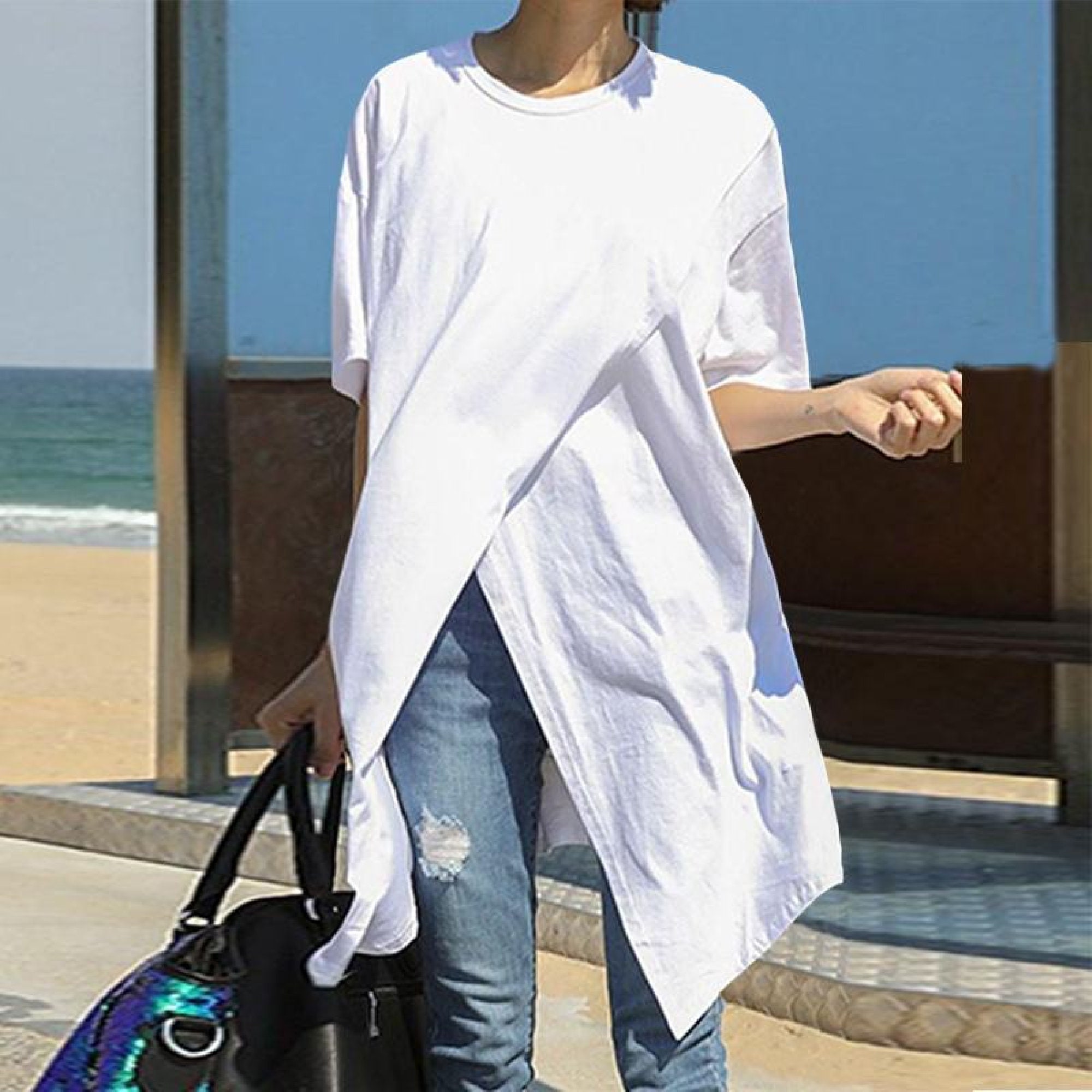 Ripped Denim Asymmetric Oversize Tunic  Poncho (Off White)