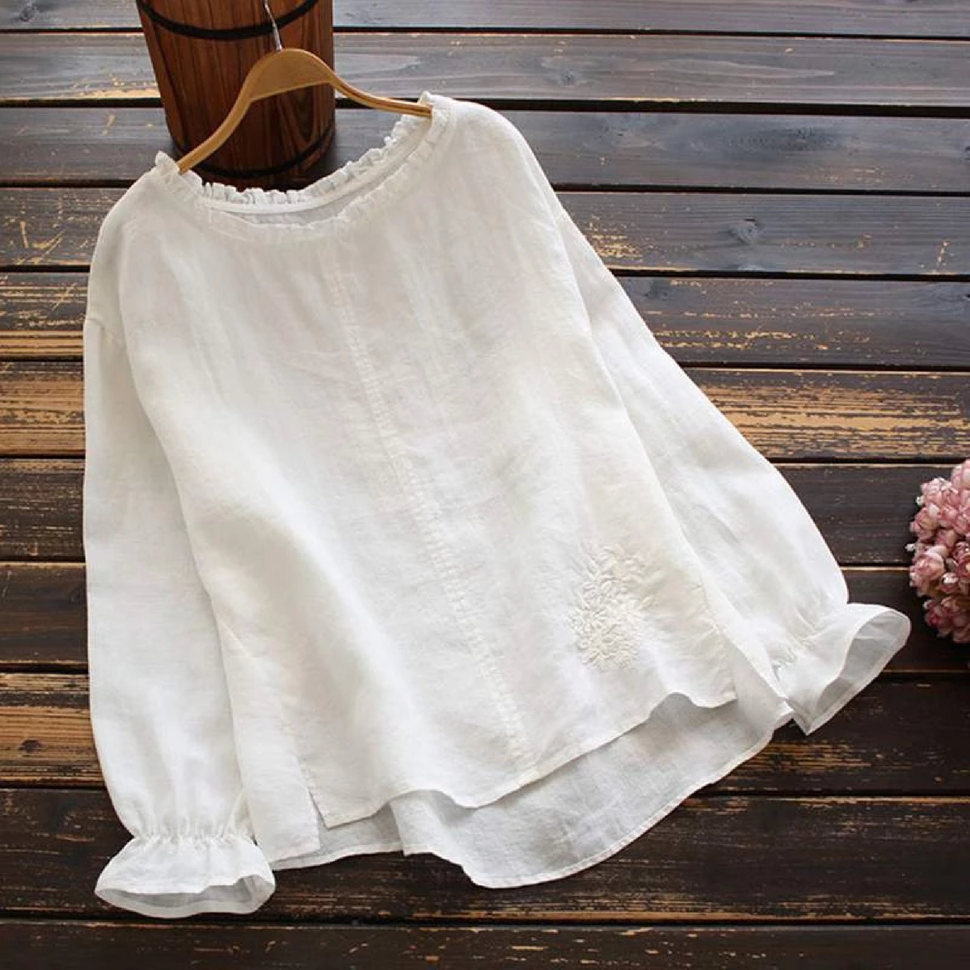 Embroidery Shirts Women's BlouseLong Sleeve Ruffle O Neck Tunic O…