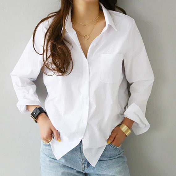 Women Classic Blouse Shirt Top Long Sleeve Casual White | Etsy