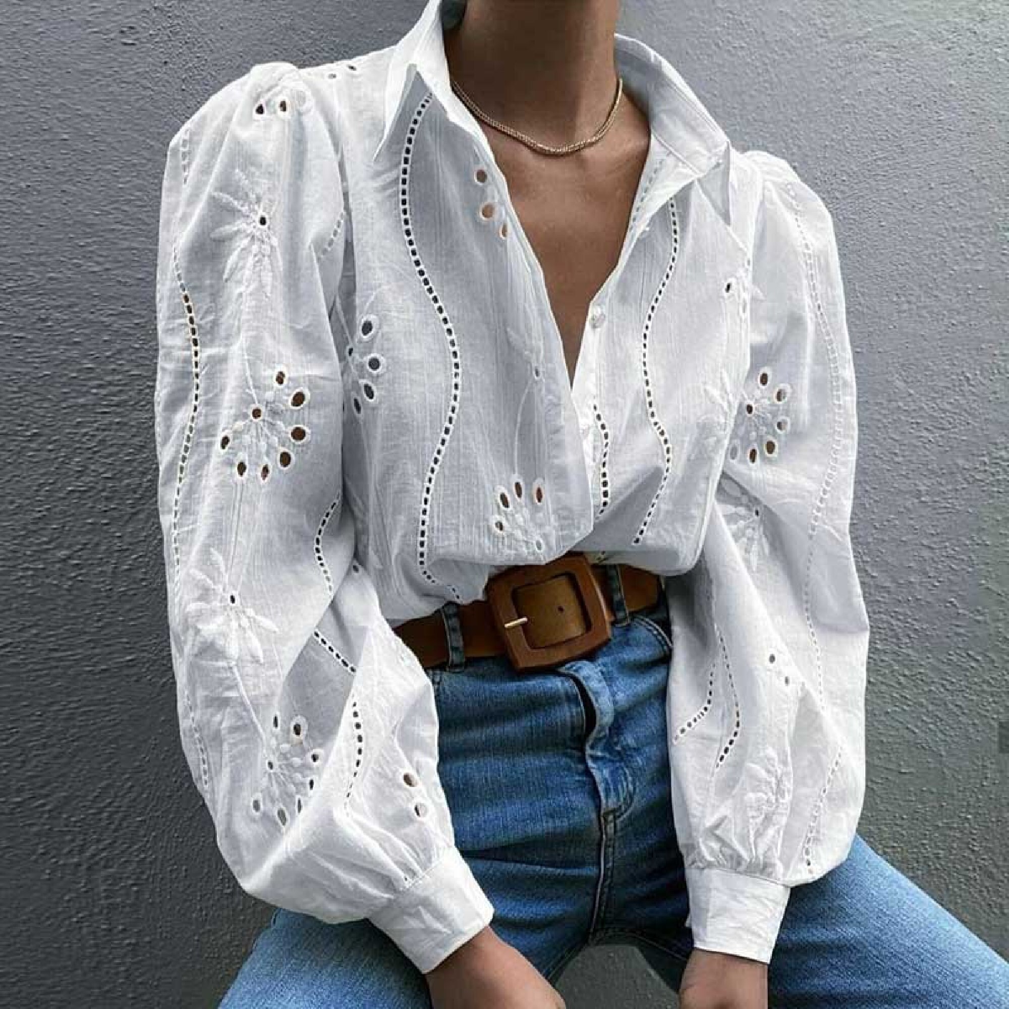 Vintage Embroidered White Blouse, Puff Sleeve, Cotton Women Shirt, Pe…