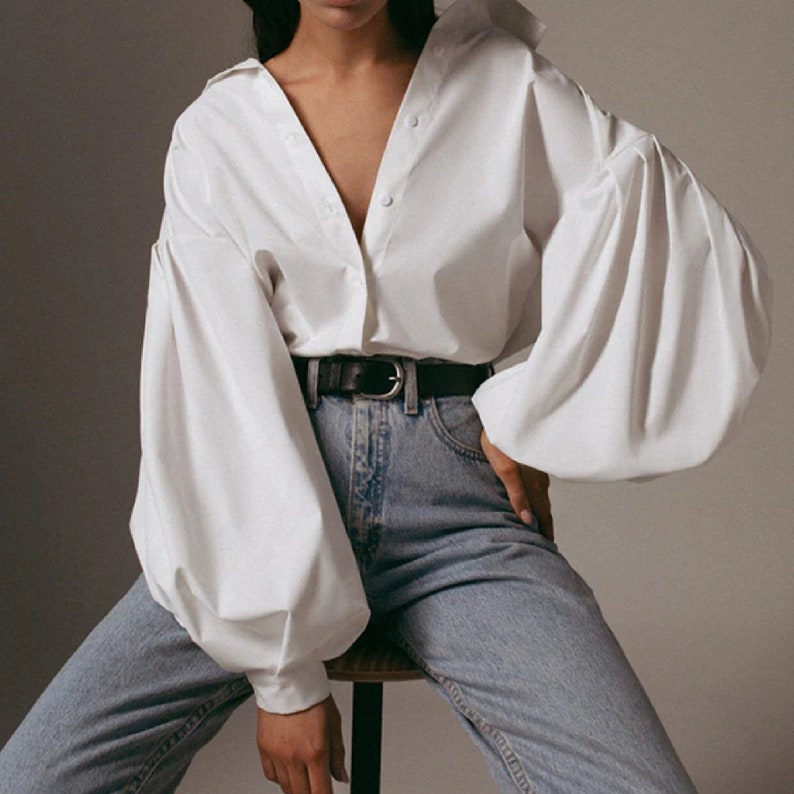 White Lantern Sleeve Blouse Vintage Shirt Lantern Sleeve Etsy