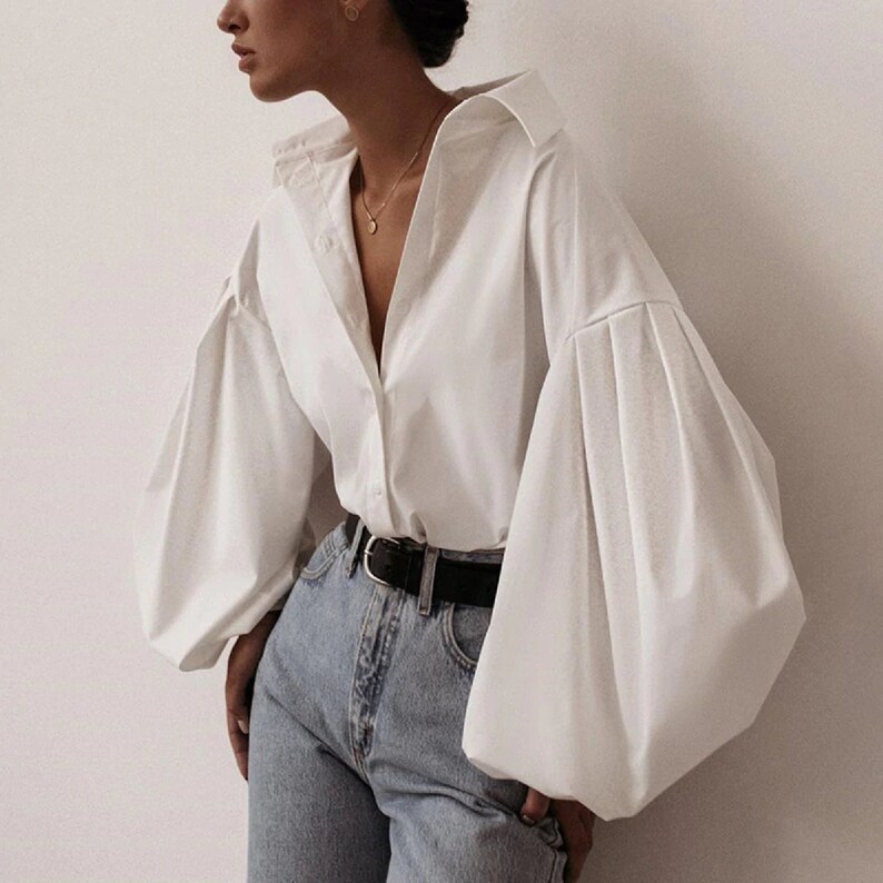 White Lantern Sleeve Blouse Vintage Shirt Lantern Sleeve Etsy