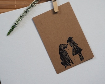 Linocut print FRIENDSHIP on A6 postcard
