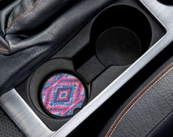 Sottobicchiere per auto in pietra saponaria azteca rosa e blu / Portabevande decorativo con motivi geometrici tribali