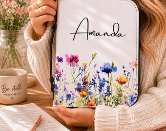 Copertina per Bibbia personalizzata con motivo prato fiorito / Custodia per Bibbia personalizzata con versetto biblico floreale
