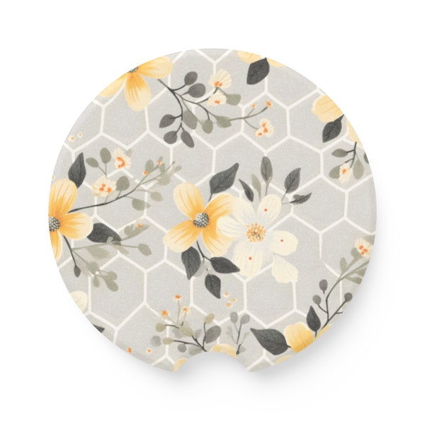 Bee Hexagon Floral - Soapstone Car Coaster - Car Accessories - Trending on Etsy