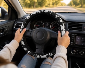 Black & White Cowhide Print Steering Wheel Cover | Cute Car Accessories for Women | Western Car Decor | Girly Car Interior
