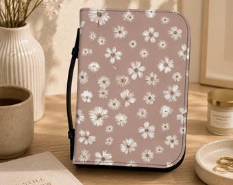 Copertina per Bibbia con stampa floreale a margherite color avorio in stile boho / Organizer per Scritture con cerniera