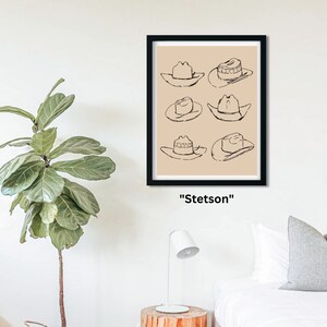 May include: A black and white line drawing of six cowboy hats on a beige background. The word "Stetson" is printed below the image.