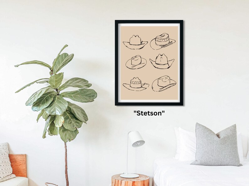 May include: A black and white line drawing of six cowboy hats on a beige background. The word "Stetson" is printed below the image.