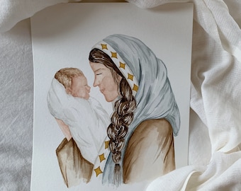 Mary and Jesus Art | Manger Scene | Nativity Art | Christmas Prints | Religious Christmas Gift | LDS art | Boho Nursery Decor | Christmas