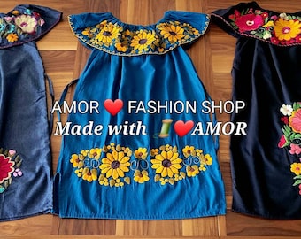 Fashionable Hand Embroidery Floral Off the Shoulder Peasant Mexican Dress / Vestido Campesina Bordado a Mano Floral Artesanal Manga Olan.