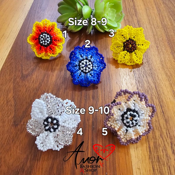 Gorgeous Spring Flower Beaded Chaquira 3 Dimentional Rings / Lindos Anillos Artesanales Flor Huichol