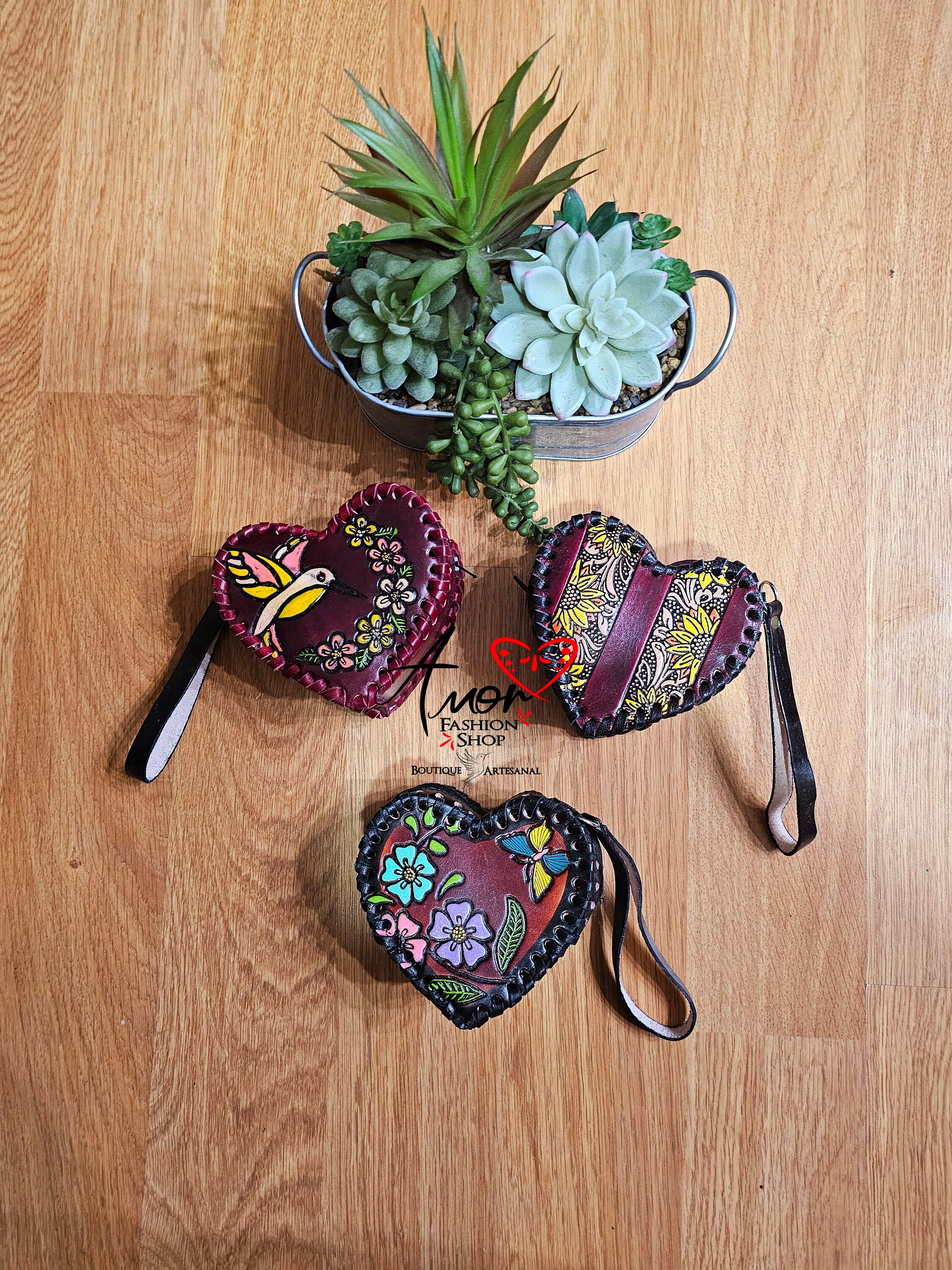 Heart Mexican Hand Painted Leather Wristlet Coin Pouch Key Chain Monederos Corazon de Piel Pintados a Mano