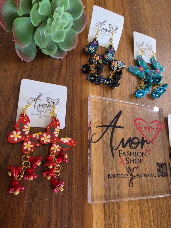 Earrings: Wooden Hand Painted Butterfly with Palm Leave Flowers