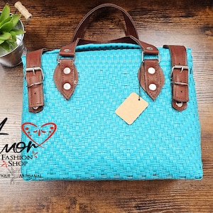 Mexican Hand Woven Plastic and Leather Tote Bag Boho Bag, Shoulder Bag, Boho Purse, Mexican Bag, Beach Bag / Bolsa Mexicana Artesanal