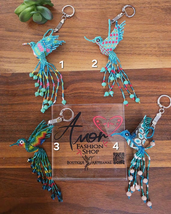 Colorful Hummingbird Beaded Keychains Artisan Made - Llaveros Chupa Rosa Chaquira Huichol Artesanal