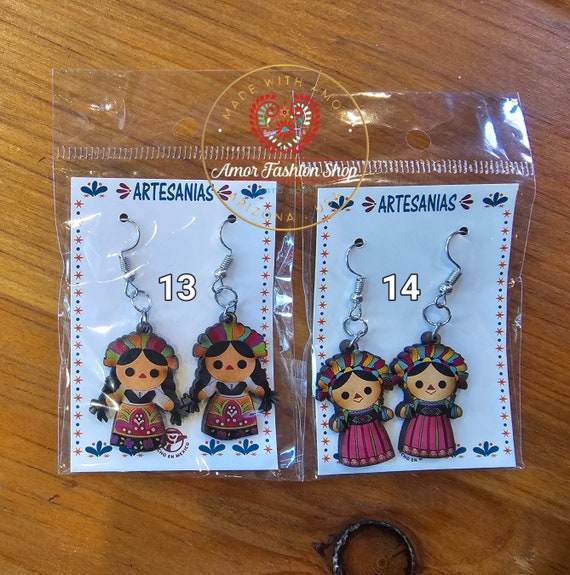 Colorful Maria Lele Doll Earrings: Mexican Heart Butterfly Wooden Earrings