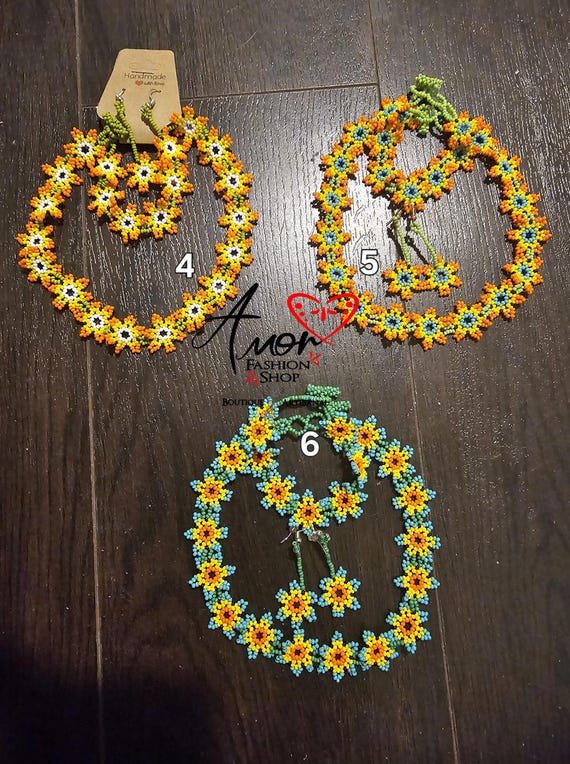 Sunflower 3 Piece Beaded Jewelry Short Necklace SET with Earrings,  Bracelet / Juego de Coyar Girasol Mexicano  Chaquira Huichol