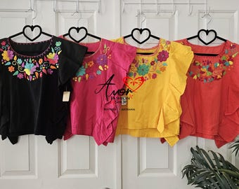 Hand Embroidered Cotton Crop Top: Pleated Butterfly Sleeve Blouse