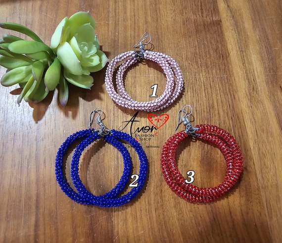 Beaded Chaquira Indigenous Hoop Earrings / Huichol Aretes Arracadas Artesanales Mexicanos