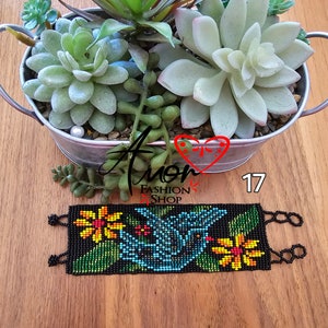 Simply Beautiful Hand Crafted Boho Crystal Beads Bracelets Wide Cuff Hummingbird,  Flower Designs /Pulceras Artesanales Huichol Colibri flor