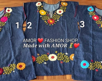 Lindo Vestidos Bordados a Mano en Mezclilla Artesanal